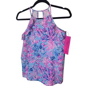 NEW Lilly Pulitzer Billie Halter Top XXS Celestial Blue Seek Sea Floral‎ Ruffle